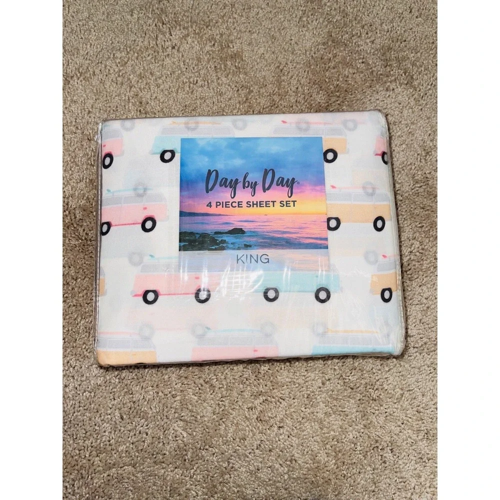 New Retro Camper Van King Sheet Set & Matching Reversible Pillow 5PC Beach Surf